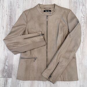 Tan faux Leather Jacket with Tailored Silhouette and Standing Collar